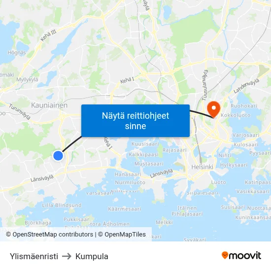 Ylismäenristi to Kumpula map