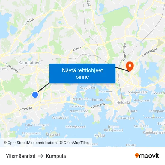 Ylismäenristi to Kumpula map