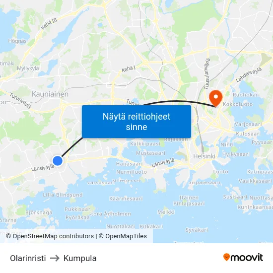 Olarinristi to Kumpula map