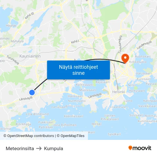 Meteorinsilta to Kumpula map