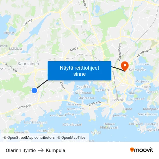 Olarinniityntie to Kumpula map