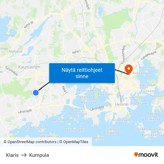 Klaris to Kumpula map
