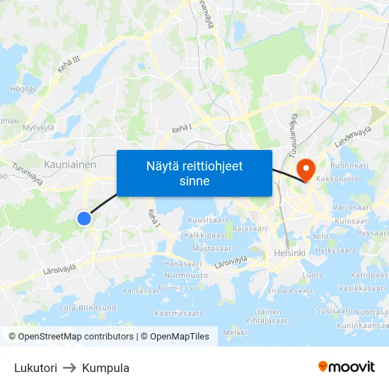 Lukutori to Kumpula map