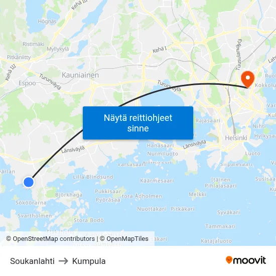 Soukanlahti to Kumpula map