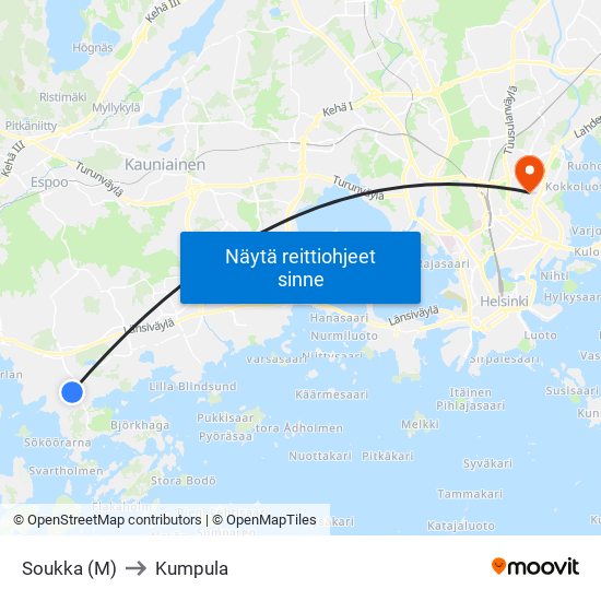 Soukka (M) to Kumpula map