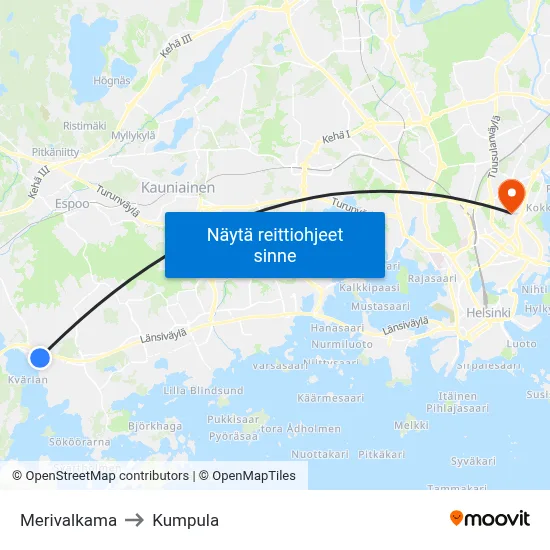 Merivalkama to Kumpula map