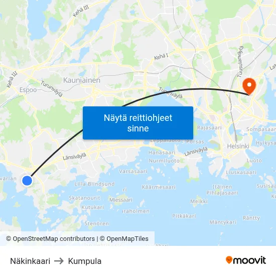 Näkinkaari to Kumpula map