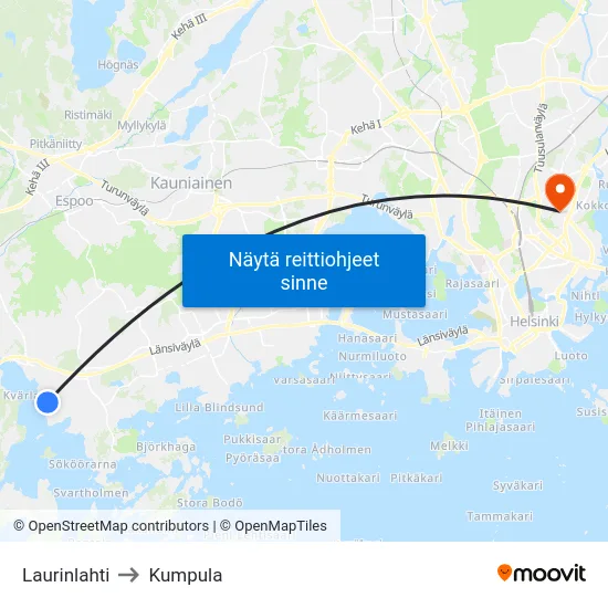 Laurinlahti to Kumpula map