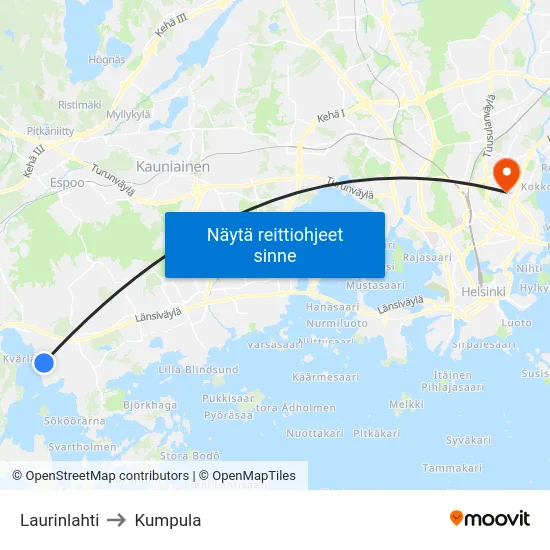 Laurinlahti to Kumpula map