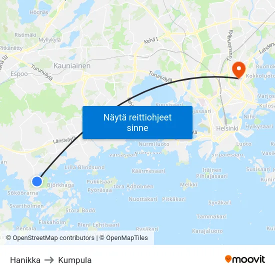 Hanikka to Kumpula map