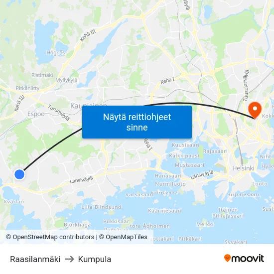 Raasilanmäki to Kumpula map