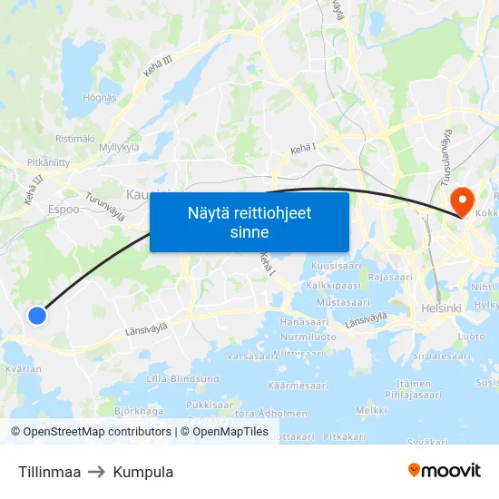 Tillinmaa to Kumpula map