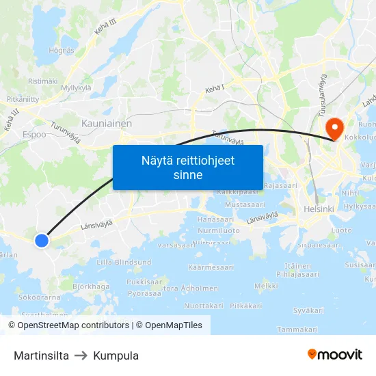 Martinsilta to Kumpula map