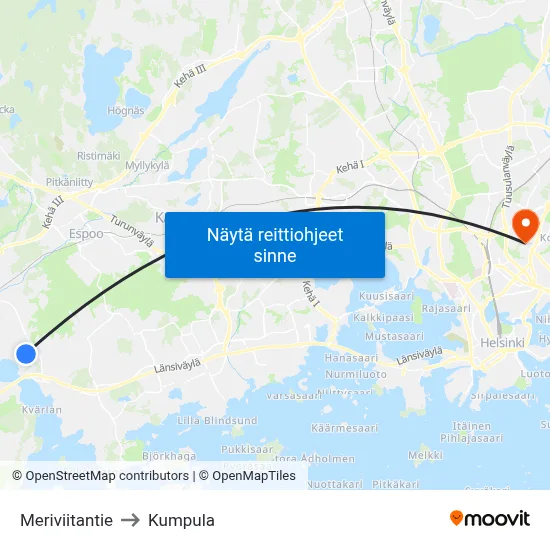 Meriviitantie to Kumpula map