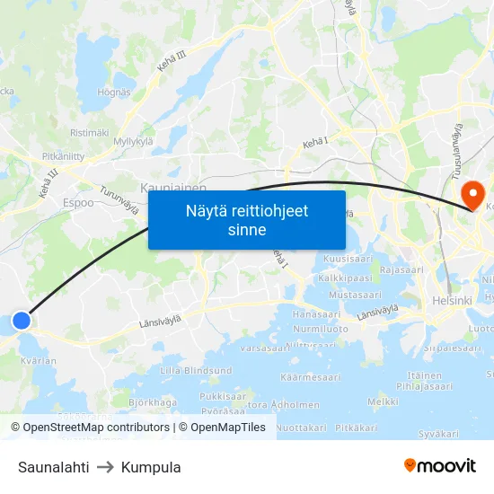 Saunalahti to Kumpula map