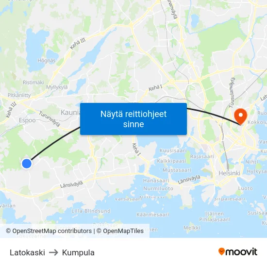 Latokaski to Kumpula map