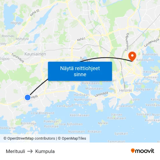 Merituuli to Kumpula map