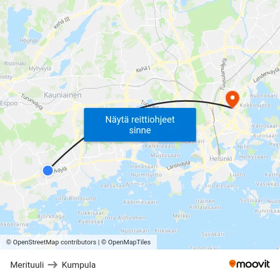 Merituuli to Kumpula map