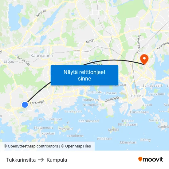 Tukkurinsilta to Kumpula map