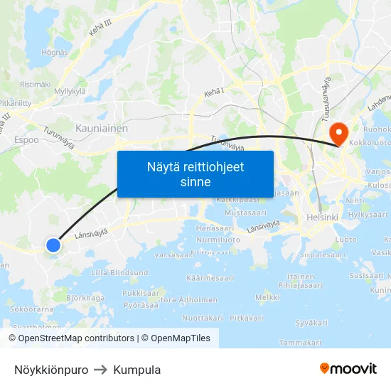 Nöykkiönpuro to Kumpula map