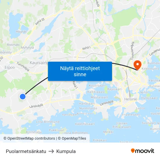 Puolarmetsänkatu to Kumpula map