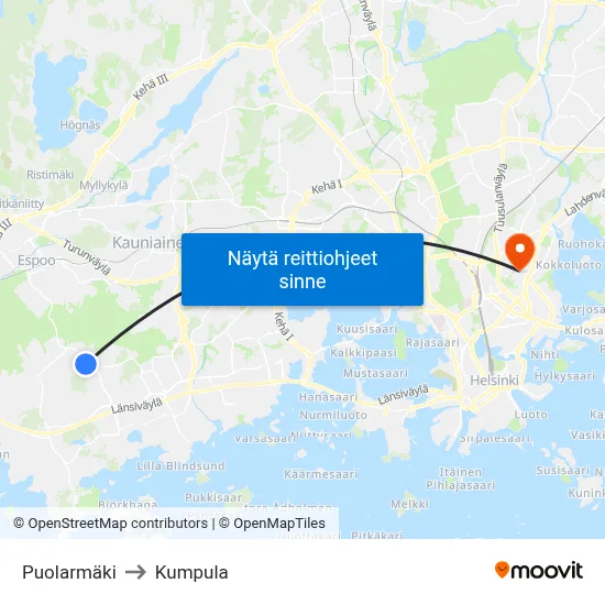 Puolarmäki to Kumpula map