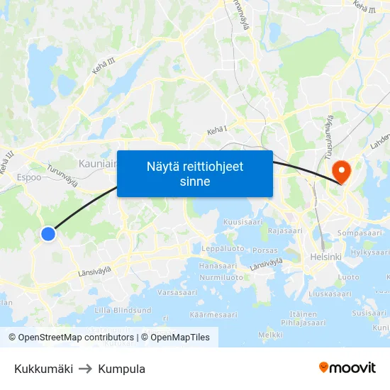 Kukkumäki to Kumpula map