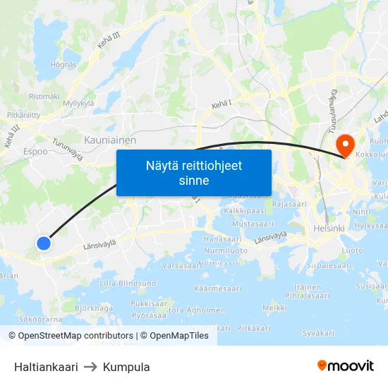 Haltiankaari to Kumpula map