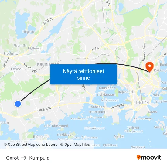 Oxfot to Kumpula map