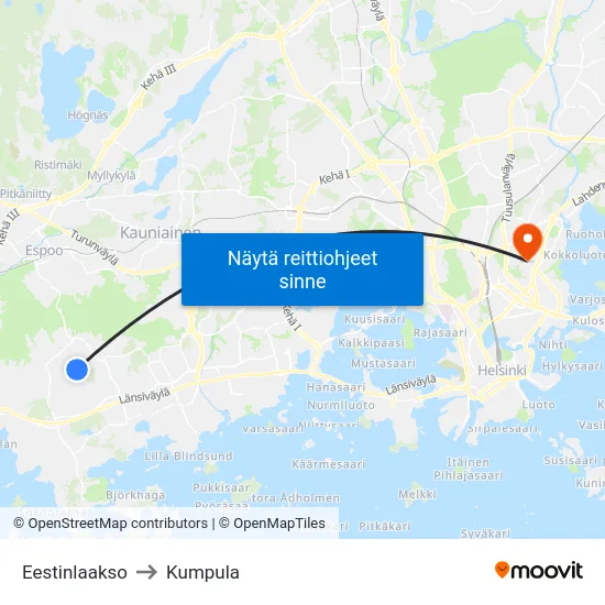 Eestinlaakso to Kumpula map