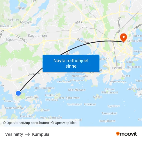 Vesiniitty to Kumpula map