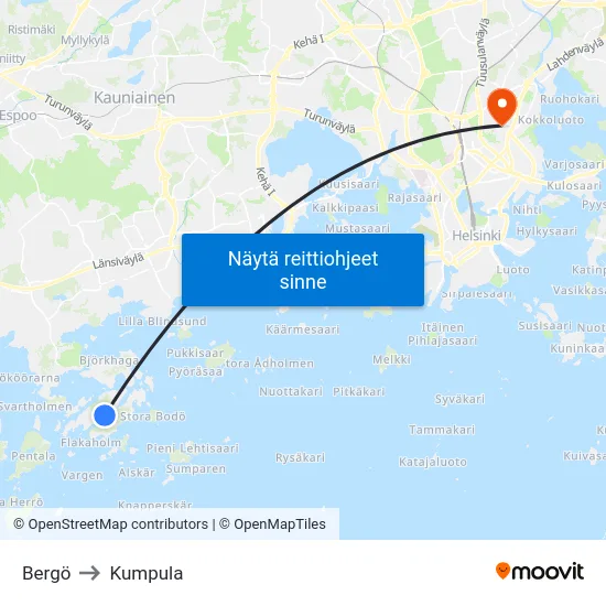 Bergö to Kumpula map