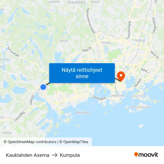 Kauklahden Asema to Kumpula map