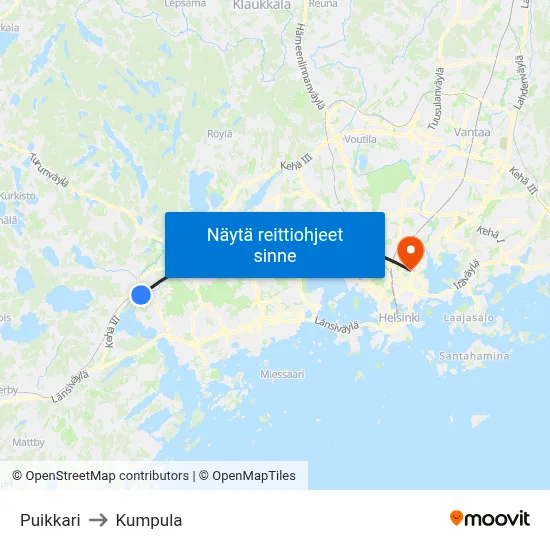 Puikkari to Kumpula map