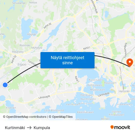 Kurtinmäki to Kumpula map