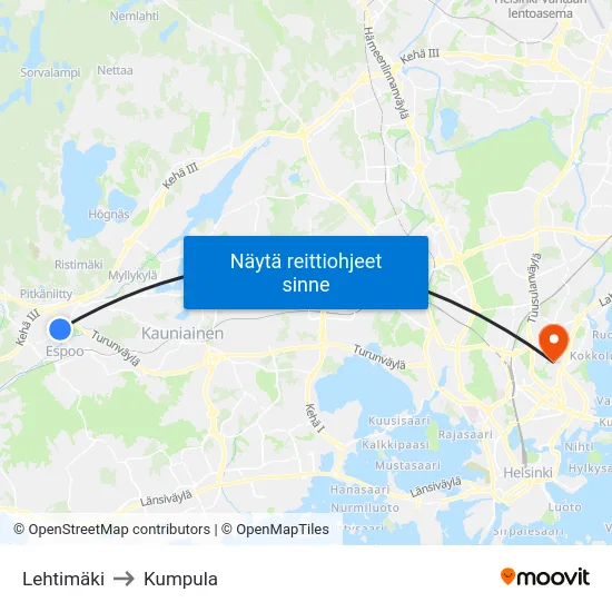 Lehtimäki to Kumpula map