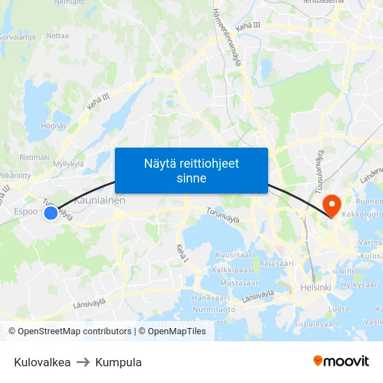 Kulovalkea to Kumpula map
