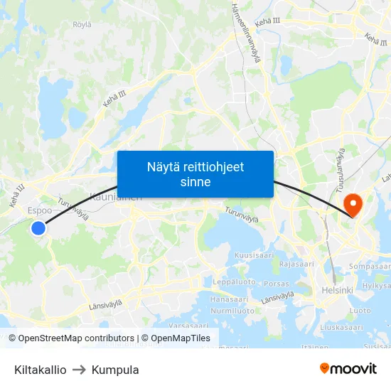 Kiltakallio to Kumpula map