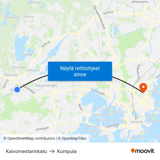 Kaivomestarinkatu to Kumpula map