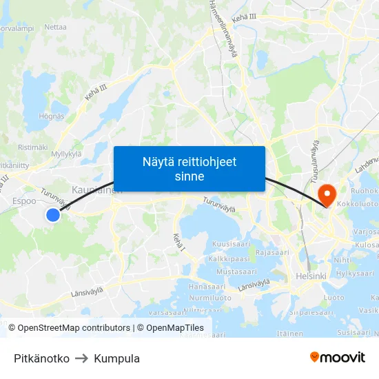 Pitkänotko to Kumpula map