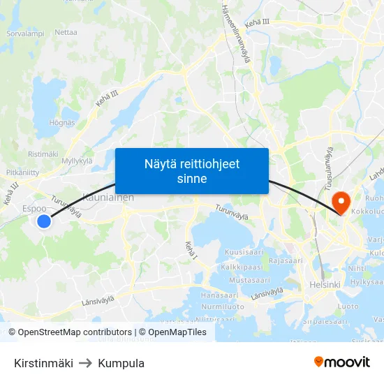 Kirstinmäki to Kumpula map