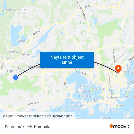 Saarnimäki to Kumpula map