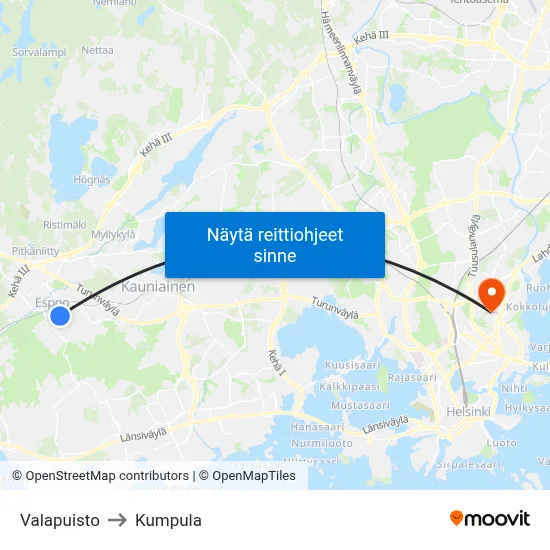 Valapuisto to Kumpula map