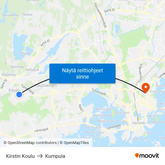 Kirstin Koulu to Kumpula map