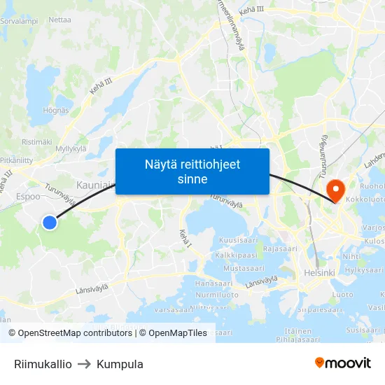 Riimukallio to Kumpula map
