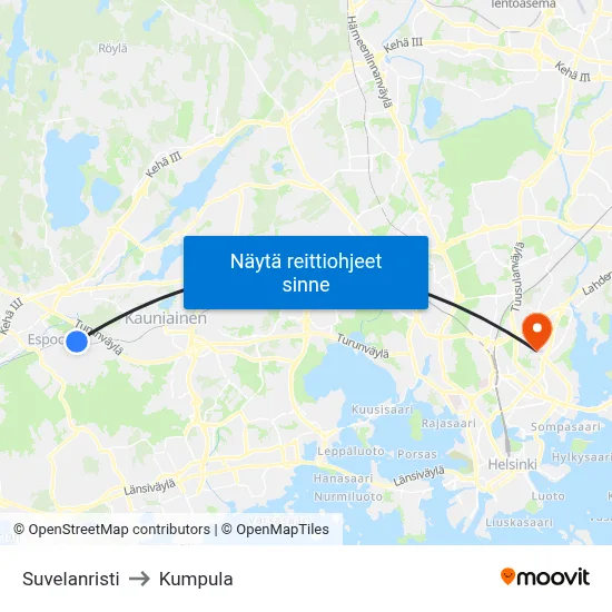 Suvelanristi to Kumpula map