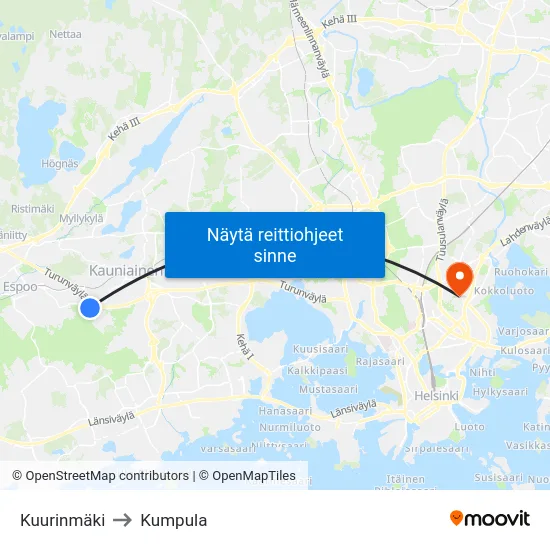 Kuurinmäki to Kumpula map