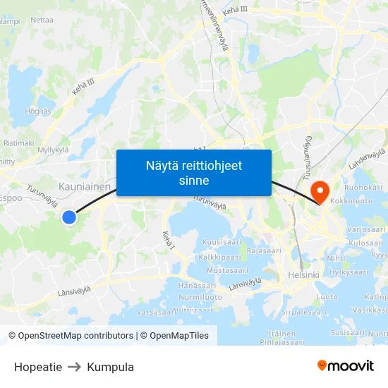 Hopeatie to Kumpula map