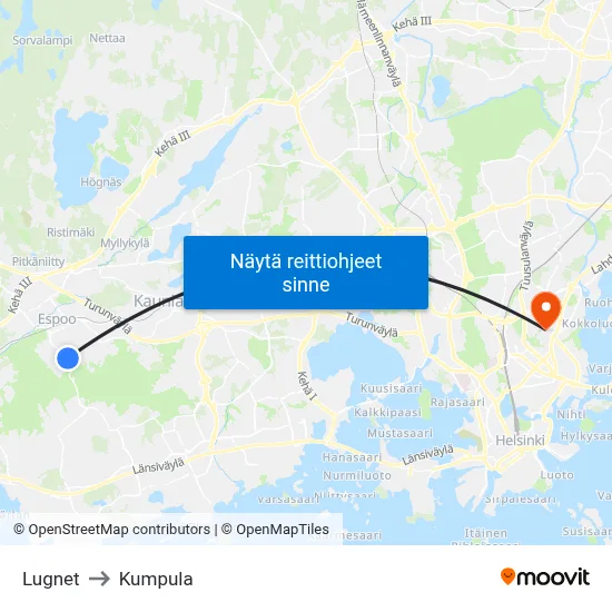 Lugnet to Kumpula map
