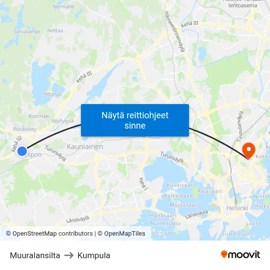 Muuralansilta to Kumpula map